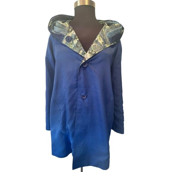 Hooded Rain Coat Blue Button Front Lightweight Jacket - Picture 2 of 14